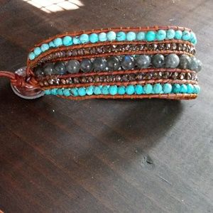 Turquoise, labradorite, czech glass leather cuff